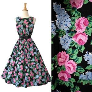 Vintage 80s 50s Allison Blair Black Pink Rose Blue Floral Fit n Flare Midi Dress